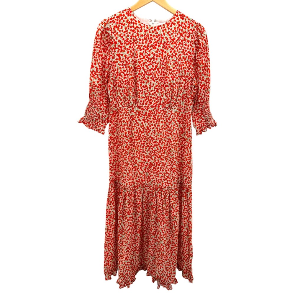 RIXO Petal Red Floral Tiered Midi Dress Smocked Sleeve Cotton Cottagecore M US 8